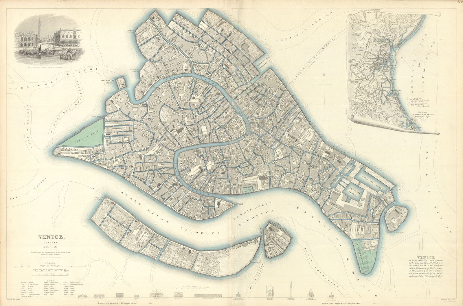 VENICE VENEZIA VENEDIG antique town city map plan. Environs. LARGE. SDUK 1847